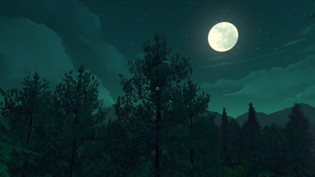 A forest lit by the moon, which hangs high in the sky.