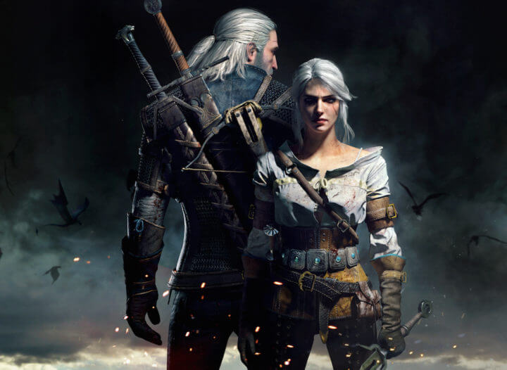 A picture of Geralt, a tall man with white hair and two swords on his back, and Ciri, a woman shorter than he, also with white hair. Geralt's back is to the viewer, while Ciri faces the viewer.